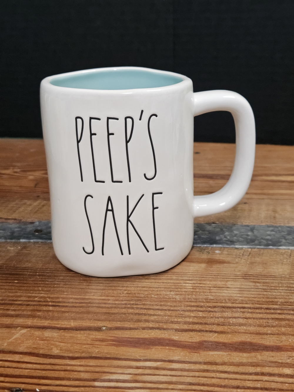 Rae Dunn Peep's Sake White Ceramic Mug with Aqua Interior